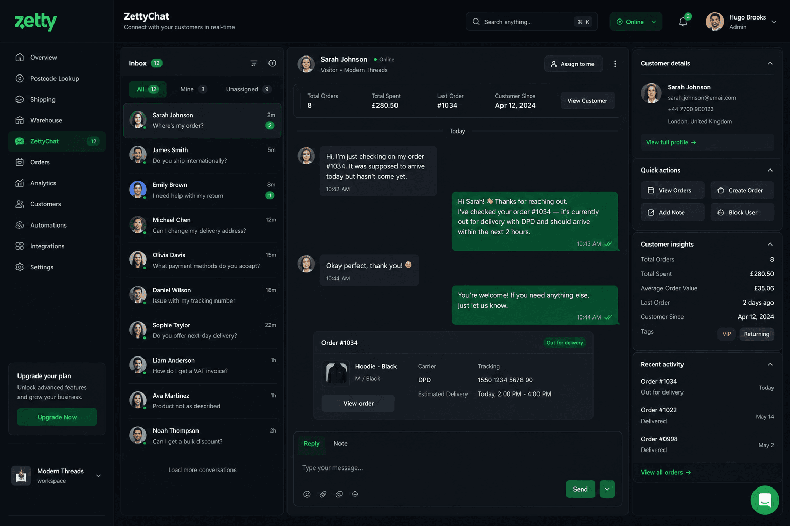 ZettyChat dashboard showing real-time customer conversations